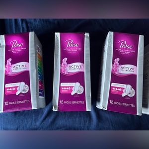 3 Brand New Poise Ultra Thin Pads w. Wings 5 Maximum 12 pads each box